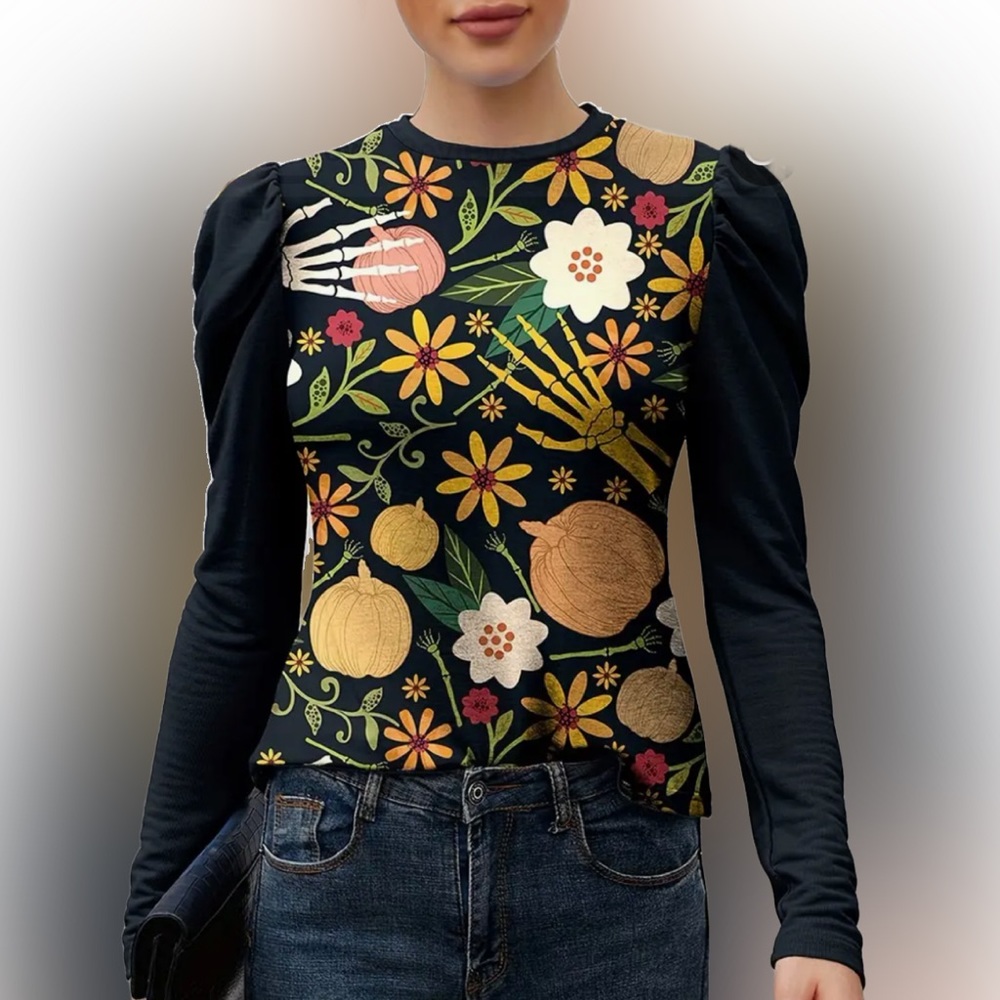 🌺Halloween | Spring Long Sleeve Crew Neck T-Shirt, Puff Sleeve Top🌸🌺 - Picture 1 of 11